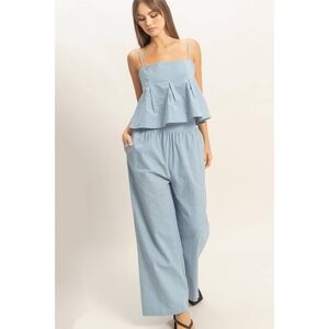 HYFVE Blue Pinstripe Cotton Linen Ruffle Cami & Wide Leg Pants 2-Piece Set